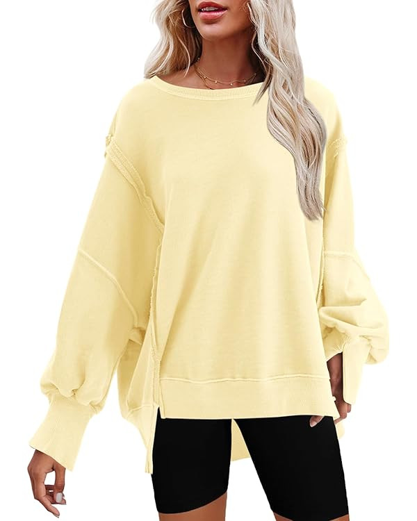 Nirovien Womens Oversized Crewneck Sweatshirt Side Slit Long Sleeve Pullover Slouchy Fit Tops | Amazon (US)