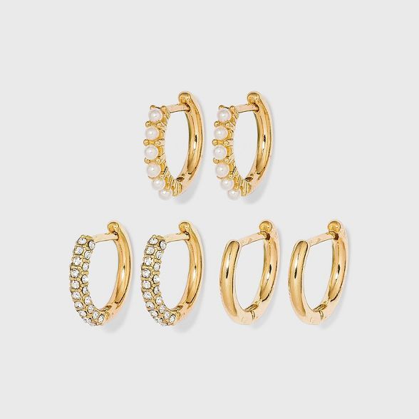 SUGARFIX by BaubleBar Crystal Gold and Pearl Hoop Earring Set 3pc - Gold | Target