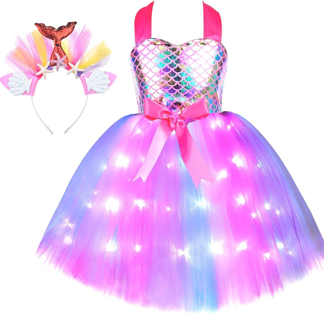 Soyoekbt Girls Mermaid Costume LED Light Up Princess Tutu Dress for Halloween Birthday with Headb... | Amazon (US)
