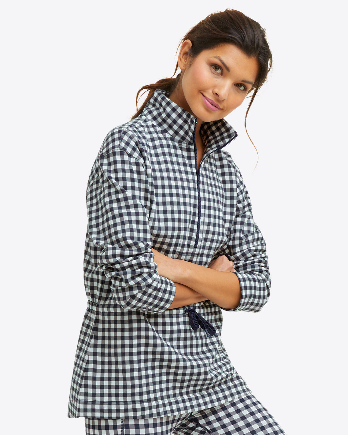 Cinch Waist Quarter-Zip in Navy Gingham | Draper James (US)