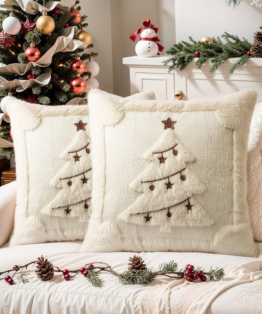 Christmas Tree Pillow Covers 18x18 Set of 2 Decorative Soft Plush Faux Rabbit Fur Throw Pillow Co... | Amazon (US)