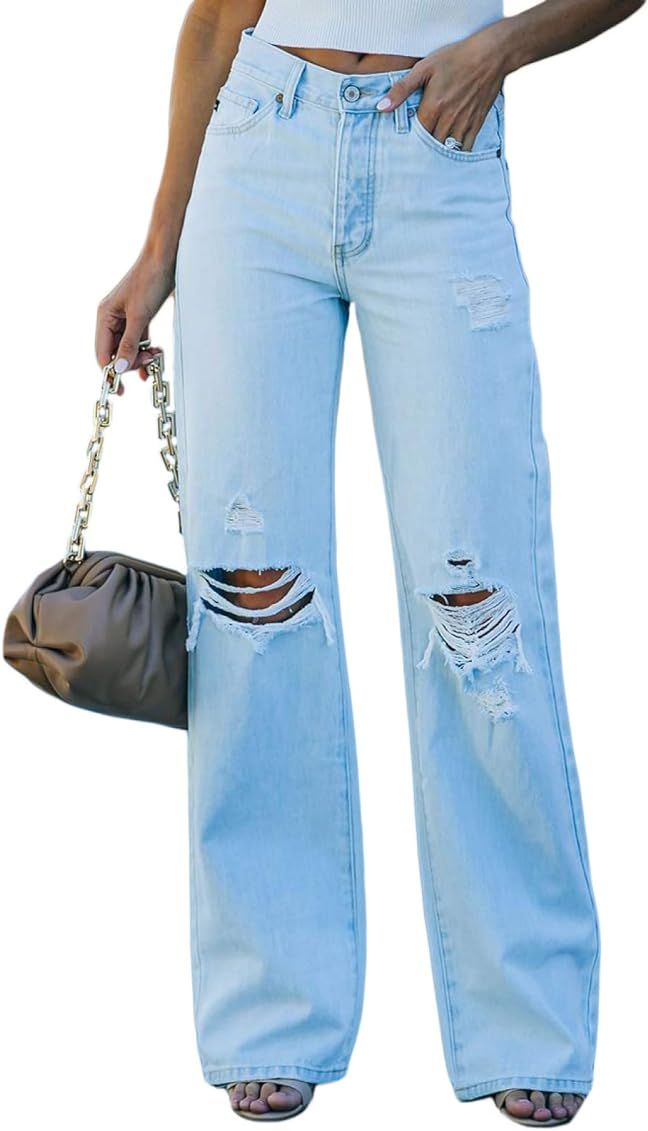 Sidefeel Women Mid Rise Distressed Flare Wide Leg Jeans Ripped Hole Denim Pants | Amazon (US)