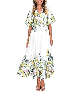 Women's Boho Floral Print Midi Dress Short Sleeve Summer Long Dress | Amazon (US)