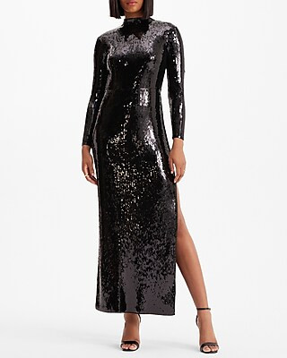 Sequin Mock Neck Long Sleeve Maxi Dress | Express