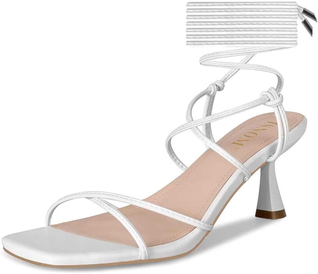 ISNOM Strappy Sandals for Women Kitten Heels Lace Up Heels Stiletto Heels Wrap Around Heels with ... | Amazon (US)