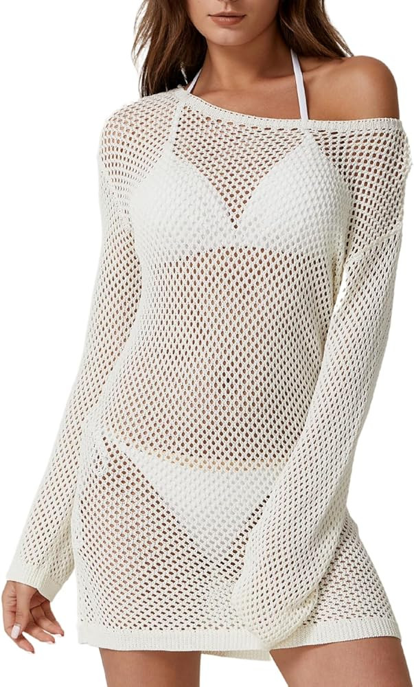 QINSEN Womens Crochet Bathing Suits Cover Up Boat Neck Mesh Knit Beach Dress Swim Vacation Outfit... | Amazon (US)