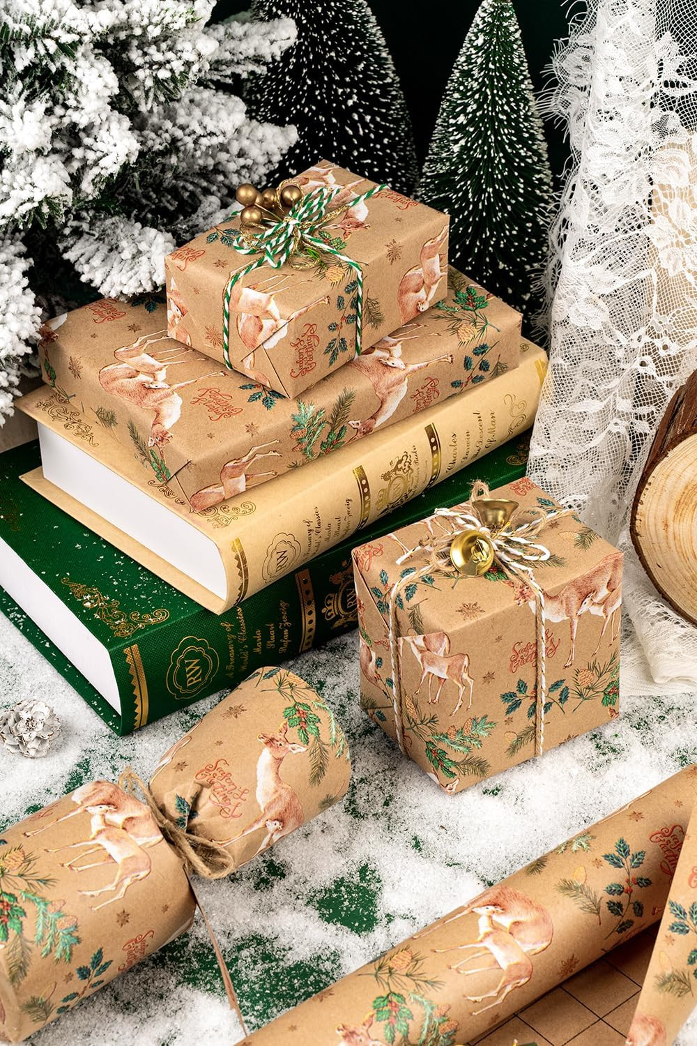 WRAPAHOLIC Kraft Christmas Wrapping Paper - Mini Roll - 17 Inch x 33 Feet - Reindeer Wrapping Pap... | Amazon (US)