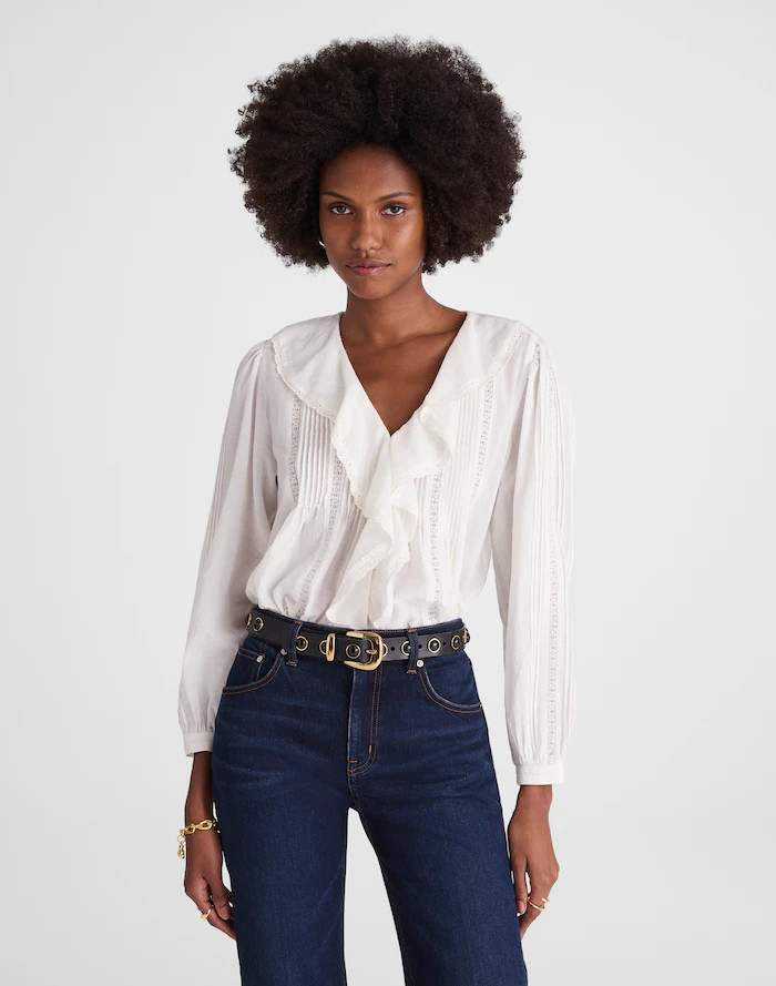 Lace-Insert Ruffled Pintuck Long-Sleeve Top | Madewell