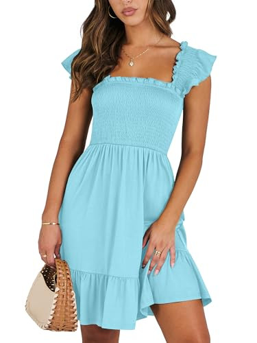 ANRABESS Women's Summer Casual Sleeveless Square Neck Dress 2026 Smocked Ruffle Backless Boho Beach Cute Teen Short Sundress Blue X-Large | Amazon (US)