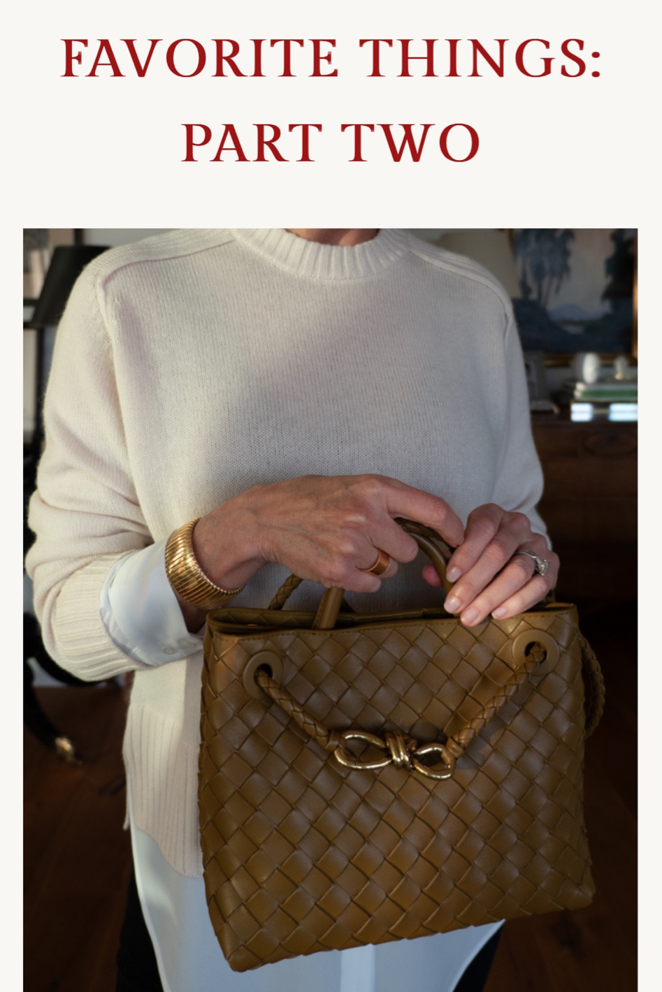 This is the second in an ongoing series of favorite things. I post a lot on styling ideas and fabulous products so I think it’s also good to see what actually ends up in my closet and what I wear on repeat. In this image, I’m wearing three pieces that have been part of my grab and go daily style lately. I wrote about the Bottega Veneta Andiamo bag previously and can’t speak highly enough on the quality, comfort, and versatility. This may be one of the few bags I’ll repeat in another color. The burgundy is calling my name. As far as ease, the one and done Brochu Walker Looker sweater makes me feel dressed and pulled together without a thought. I toss it on over faded or dark jeans, black pants and slim skirts. The cream and white looks fresh this time of year too. For jewelry, one bold piece is clean, modern and fuss free. Again, the ease of slipping on a cuff trumps fastening bracelets or necklaces. The Sidney Garber cuff is a timeless piece I’ll treasure forever.

#LTKHoliday #LTKSeasonal #LTKGiftGuide