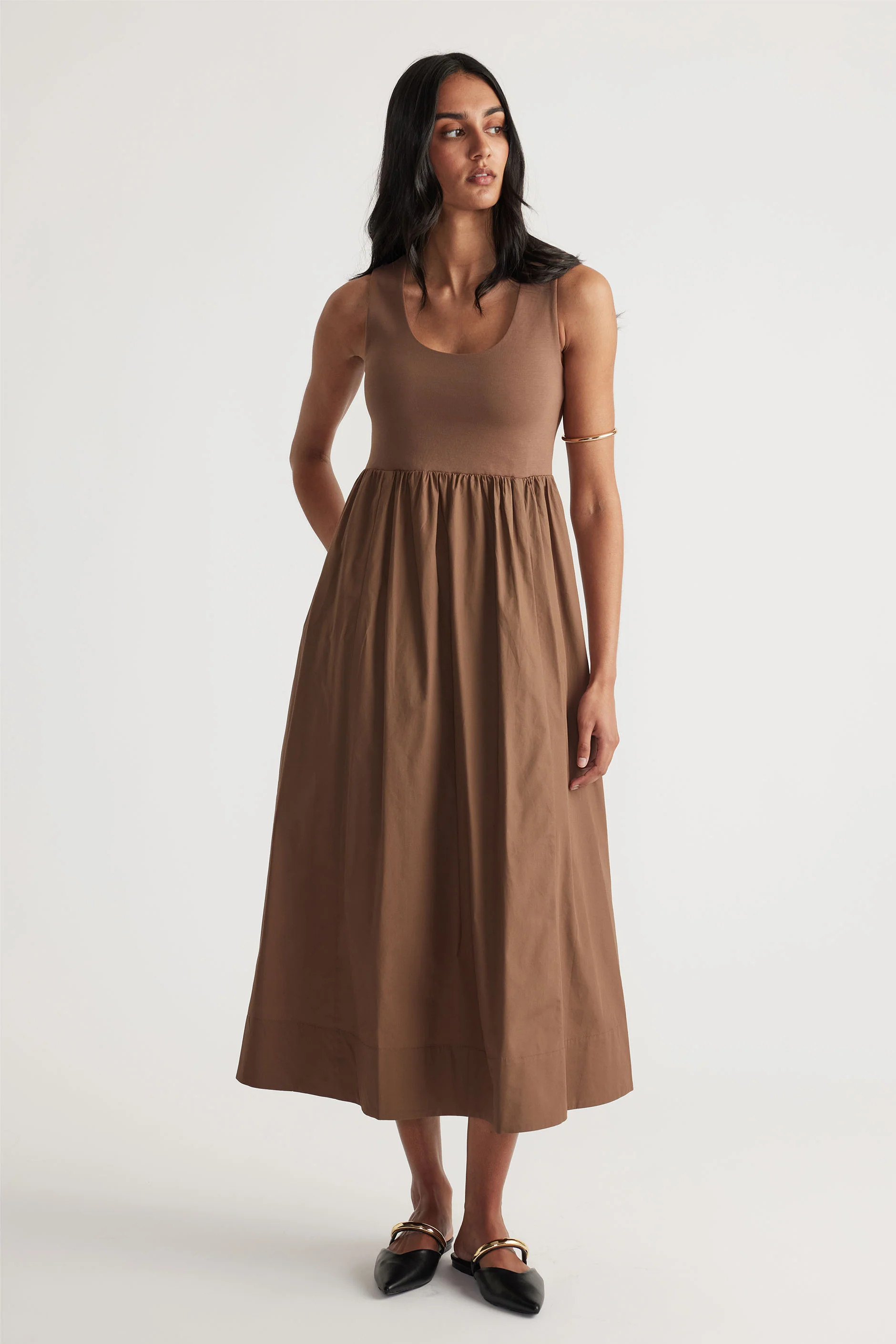 Lucie Spliced Midi Dress - Carob | DECJUBA