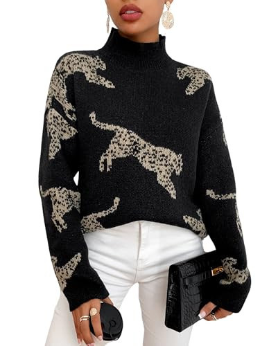 WDIRARA Women's Leopard Tiger Print Sweater High Neck Long Sleeve Fuzzy Knitted Pullover Top Black X-Small | Amazon (US)