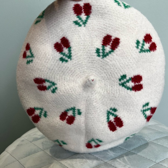 Anthropologie Maeve Floral Knit Beret - Ivory with Red and Green Cherries | Poshmark