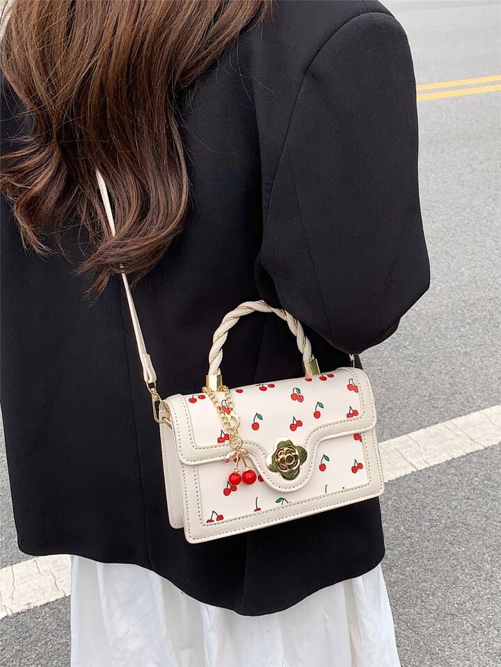 Mini Cherry Pattern Flap Square Bag | SHEIN