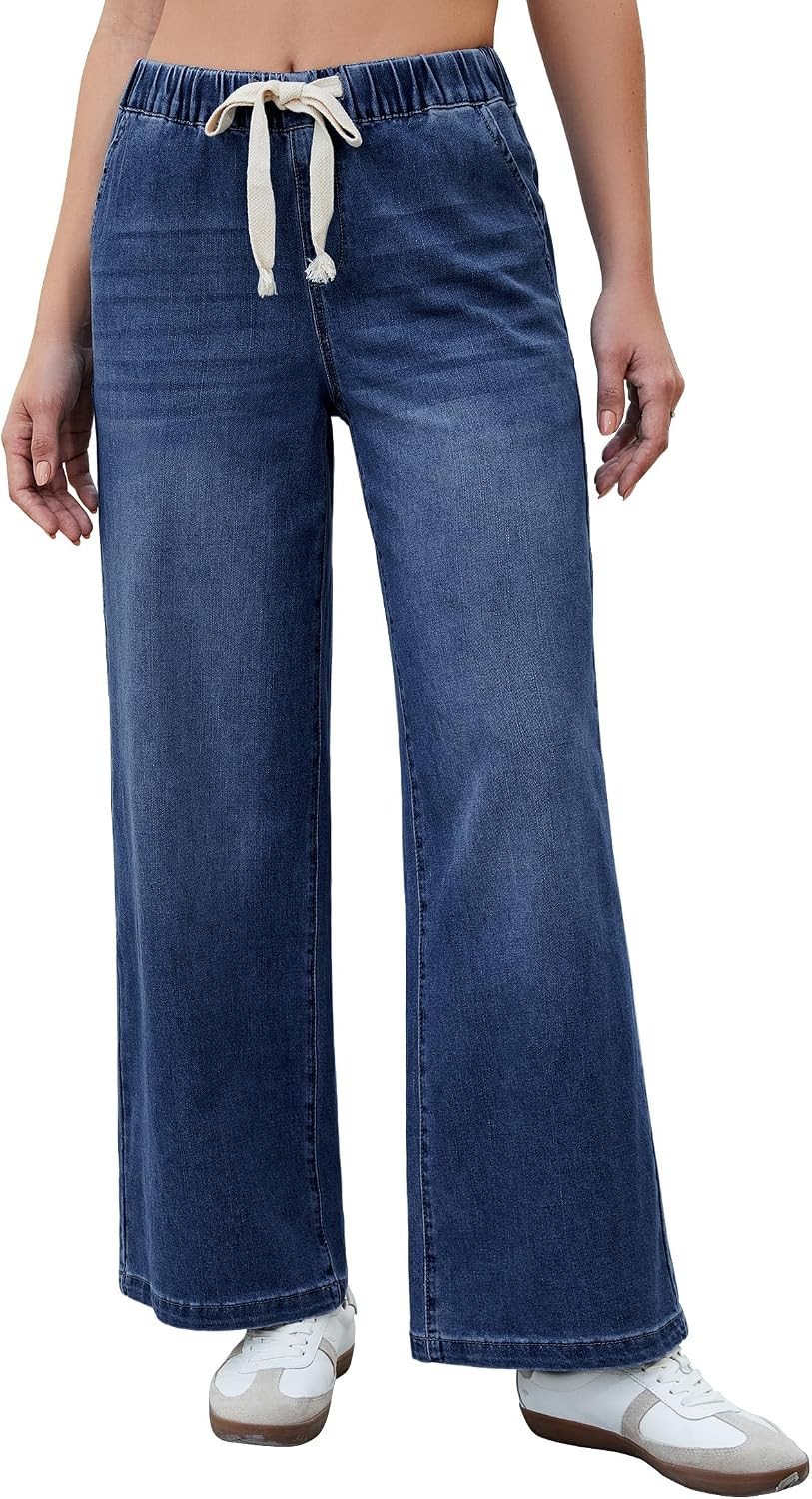 luvamia Wide Leg Jeans Woman High Waisted Trendy Pull On Elastic Waist Drawstring Stretchy Denim Jean Pants with Pockets | Amazon (US)