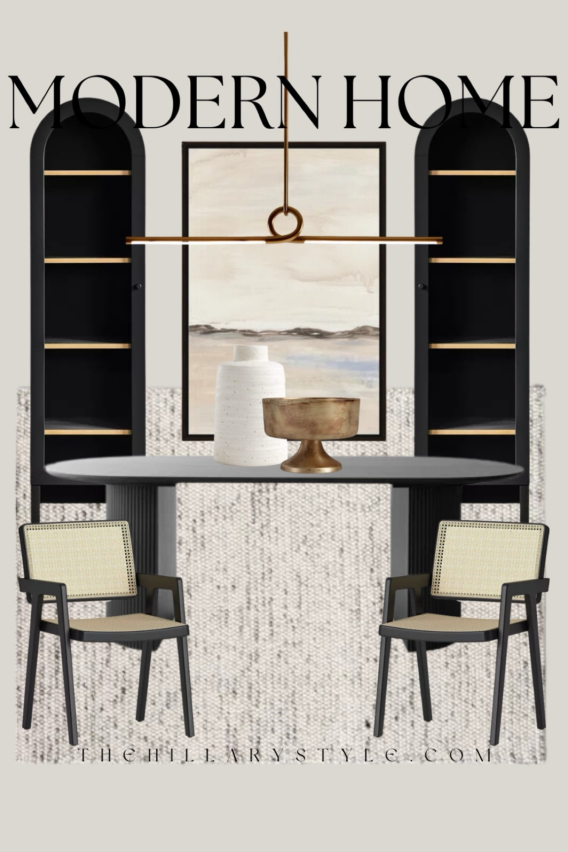 Modern Home: Neutral home decor and furniture finds for the modern organic dining room. Book shelves, dining table, dining chairs, black curio cabinet, modern chandelier, modern light, framed neutral art, neutral area rug, ceramic vase, brass bowl. Target, Crate & Barrel, Wayfair, Joss & Main, Urban Outfitters.

#LTKSeasonal #LTKStyleTip #LTKHome