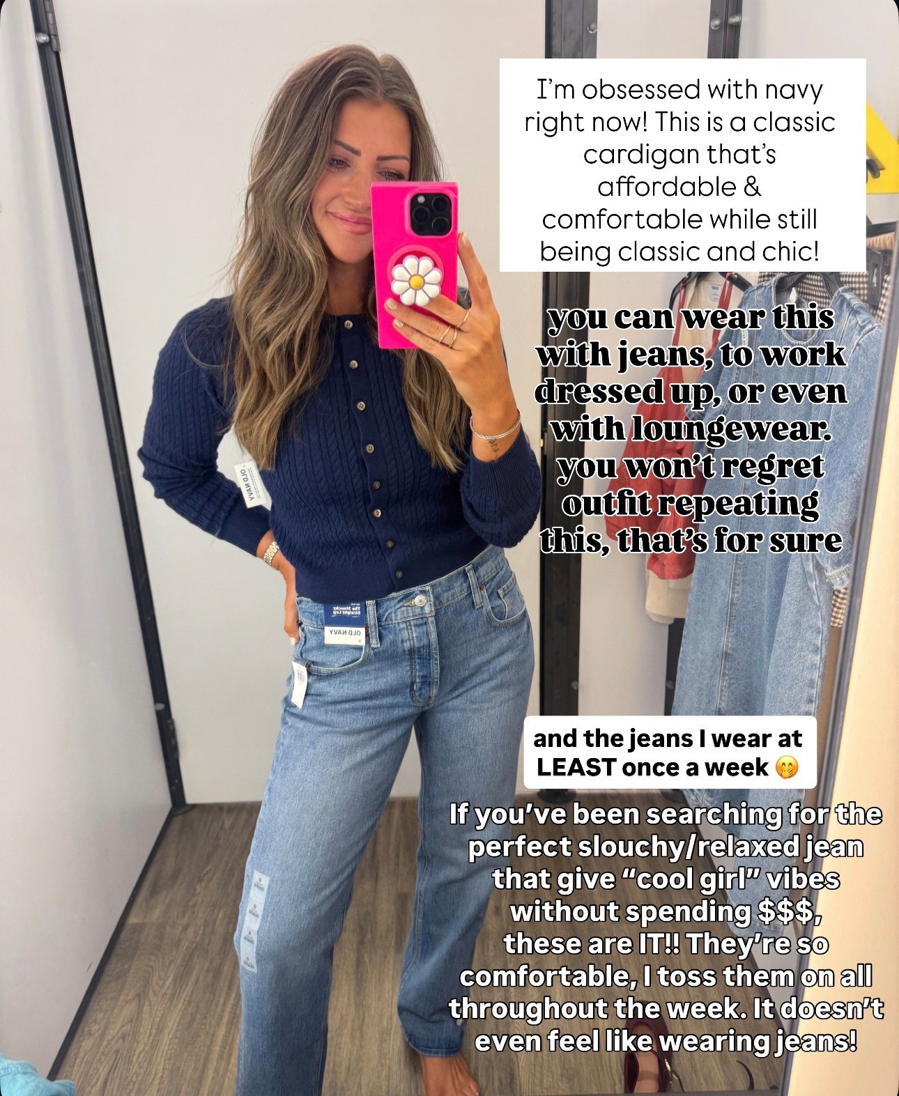 0 jeans and they’re still baggy!!! Go down one. XS cardigan 