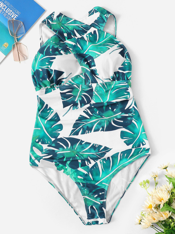 Random Leaf Print Low Back One Piece Swim | SHEIN