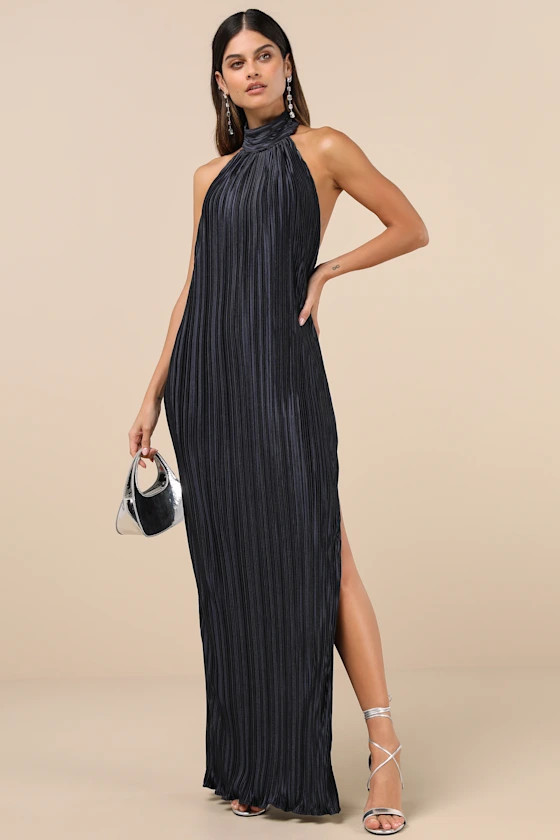 Gwenny Dark Navy Satin Plisse Maxi Dress | Lulus