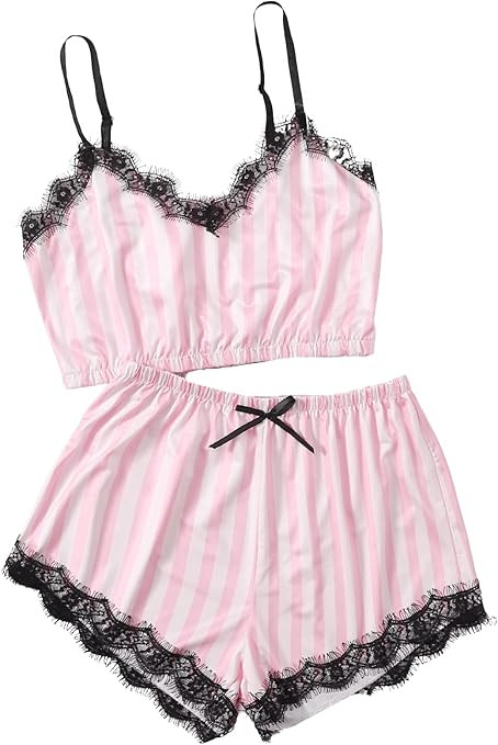 Milumia Women Cute Heart Print Eyelash Lace Pajamas Set Satin Cami Shorts PJs Sleepwear Nightwear | Amazon (US)