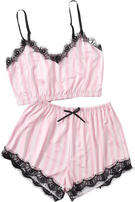 Milumia Women Cute Heart Print Eyelash Lace Pajamas Set Satin Cami Shorts PJs Sleepwear Nightwear | Amazon (US)