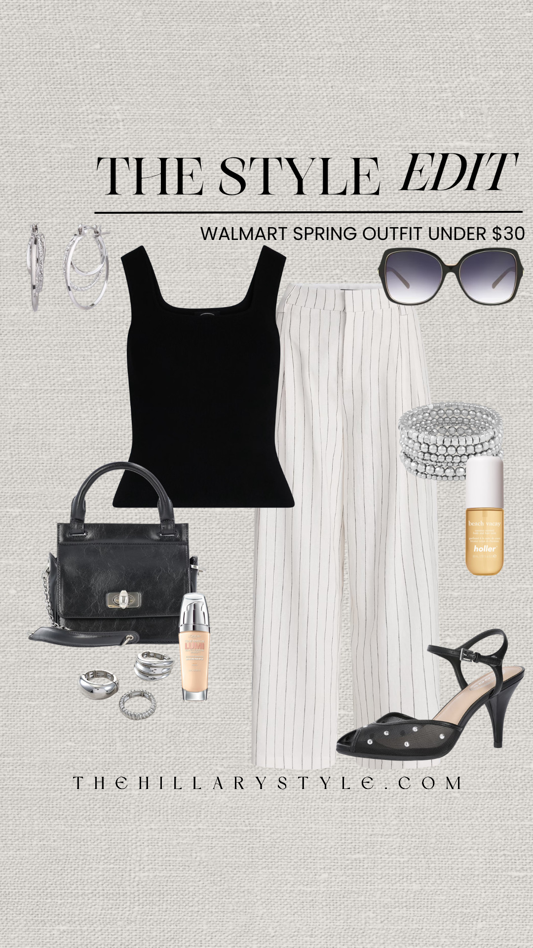 Walmart Spring Style Edit: Elevated Outfit Under $30
Get the ultimate quiet luxury look on a budget with this chic Walmart spring outfit find. Combining timeless style with modern trends, this elevated look features a classic black square-neck tank paired with effortless white pinstripe wide-leg trousers. Dress it up for a casual chic workday or a spring date night with mesh kitten heels, a structured top-handle bag, and timeless silver jewelry pieces. Complete the look with oversized sunglasses and a radiant, glowy base for that perfect effortless elegance. 

 #TheHillaryStyle #WalmartFinds #WalmartStyle #SpringOutfit #AffordableFashion #QuietLuxury #ElevatedBasics #WideLegPants #SpringAesthetic #OOTD #BudgetFashion #CapsuleWardrobe 

#LTKootd #LTKSeasonal #LTKOver40