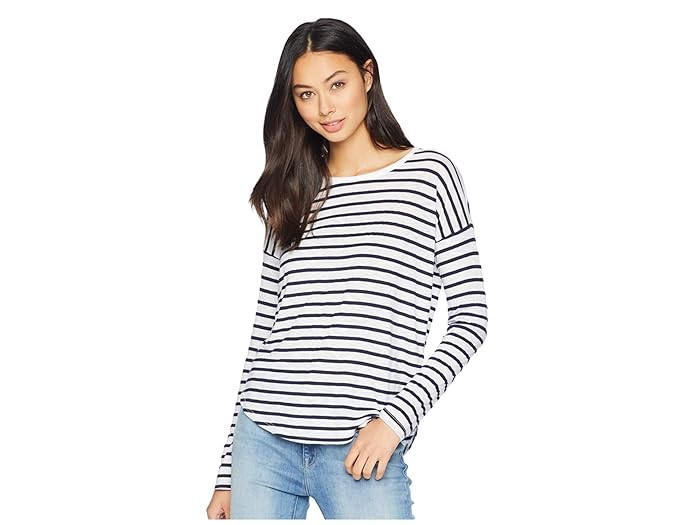 Splendid Zander Long Sleeve Cotton Modal Slub Striped Easy Crew Tee (Navy/Off-White) Women's T Shirt | Zappos
