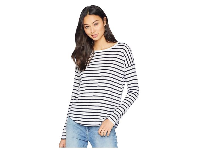 Splendid Zander Long Sleeve Cotton Modal Slub Striped Easy Crew Tee (Navy/Off-White) Women's T Shirt | Zappos