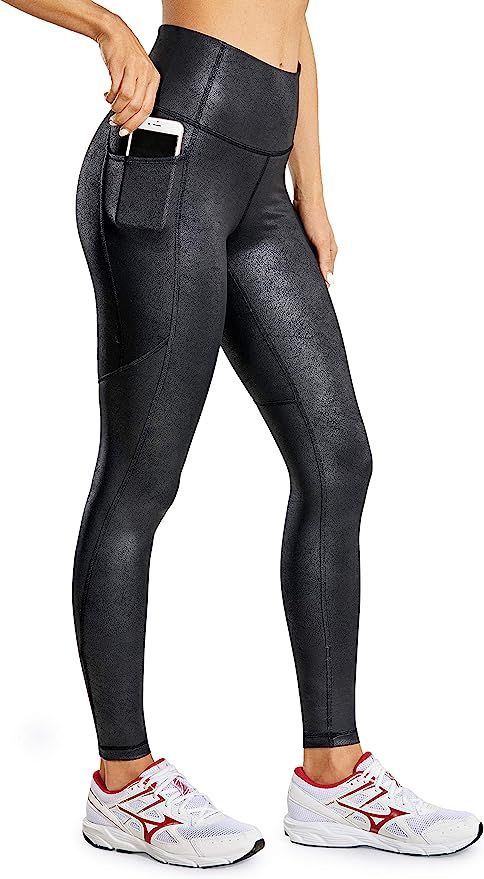 CRZ YOGA Women's Stretchy Faux Leather Leggings Yoga High Waisted Workout Tights with Pockets -28... | Amazon (US)