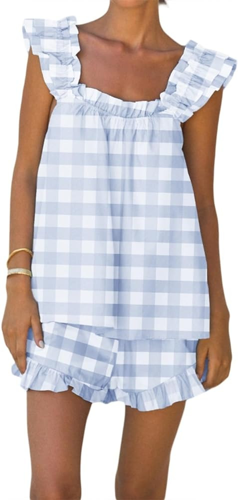 Aopwsrlyi Women's Summer Pajama Set Cute Ruffle Trim Cami Tank Top and Casual Shorts Set 2 Piece ... | Amazon (US)