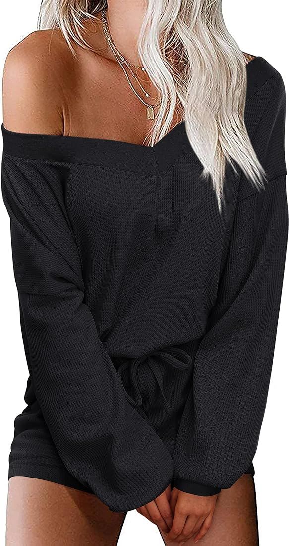 Ekouaer Womens Pajama Set Waffle Knit Lounge Set V Neck Off Shoulder Sleepwear Long Sleeve Top an... | Amazon (US)