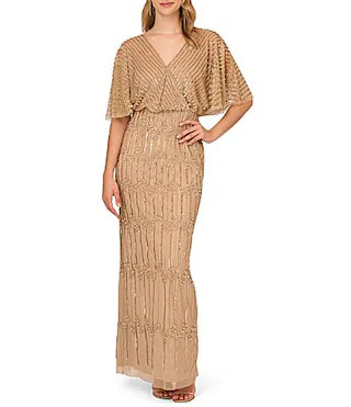 Adrianna Papell Beaded Short Flutter Sleeve V-Neck Blouson Gown - 8 | Dillard's