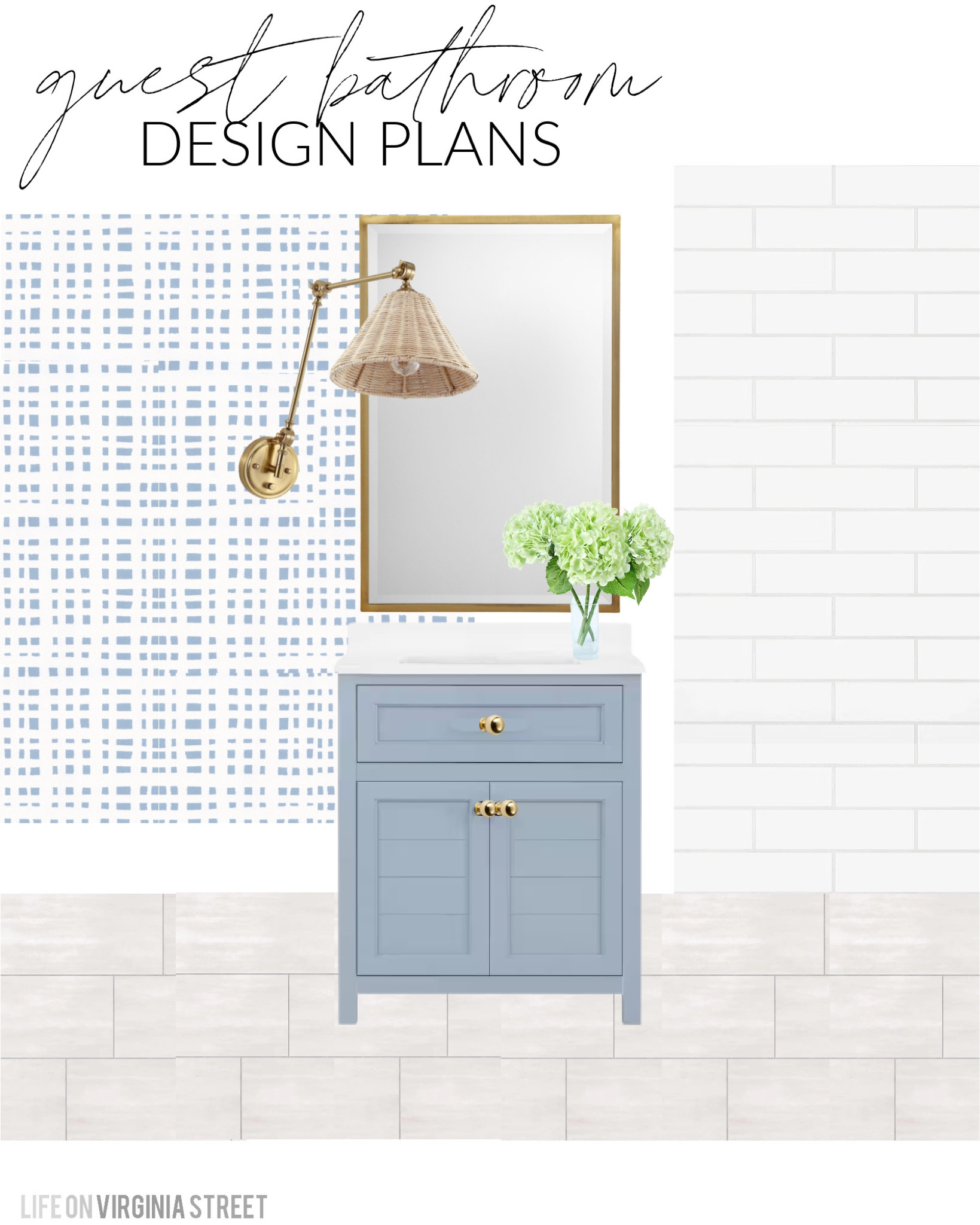 Coastal guest bathroom design plans for our new build in Florida! Includes blue and white grid wallpaper, a rattan swing arm sconce, a brass mirror, blue bathroom cabinet and faux hydrangeas for a pop of color. See more design plans here: https://lifeonvirginiastreet.com/additional-coastal-design-boards-for-the-new-build/.
.
#ltkhome #ltksalealert #ltkseasonal #ltkunder50 #ltkunder100 #ltkstyletip #ltkfind

#LTKsalealert #LTKSeasonal #LTKhome