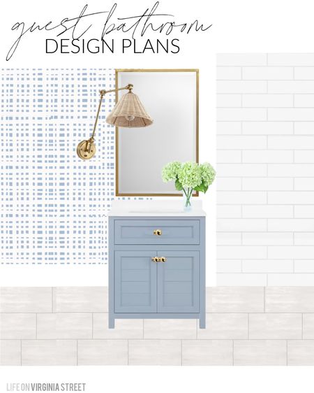 Coastal guest bathroom design plans for our new build in Florida! Includes blue and white grid wallpaper, a rattan swing arm sconce, a brass mirror, blue bathroom cabinet and faux hydrangeas for a pop of color. See more design plans here: https://lifeonvirginiastreet.com/additional-coastal-design-boards-for-the-new-build/.
.
#ltkhome #ltksalealert #ltkseasonal #ltkunder50 #ltkunder100 #ltkstyletip #ltkfind

#LTKsalealert #LTKSeasonal #LTKhome