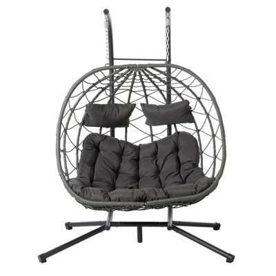 Double Egg Swing Chair with Stand Weather Proof Patio Hanging Egg Chair Swing Hammock Seat with Cushion Headrest for Indoor Outdoor Dark Gray | Target