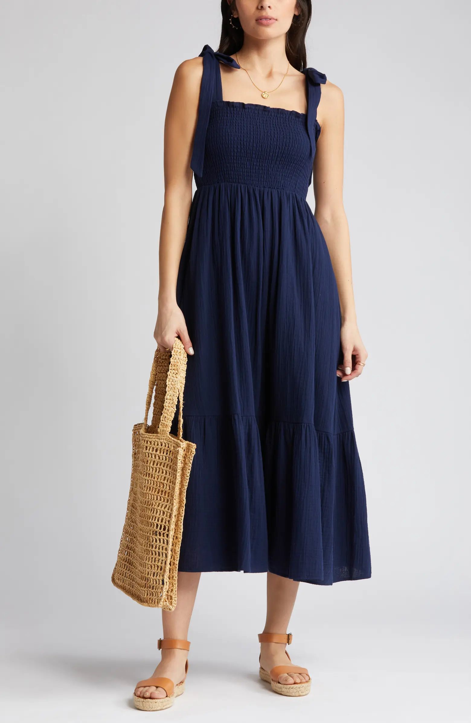 Smocked Tie Strap Cotton Gauze Midi Sundress | Nordstrom