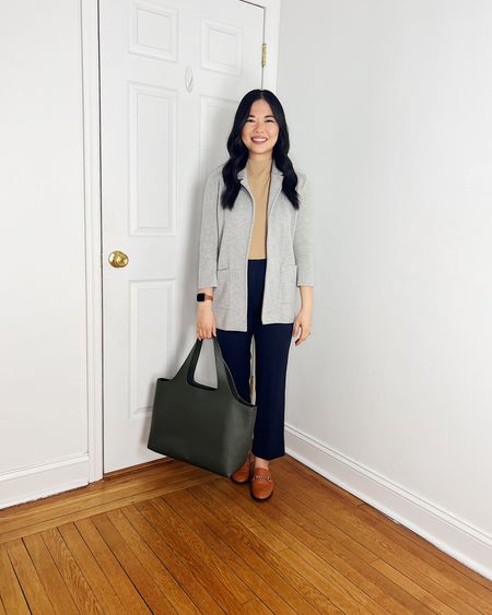 Gray sweater blazer
Beige top (XS)
Navy pants (4P)
Olive green tote bag
Cuyana System tote
Brown loafers (TTS)
Business casual outfit
Smart casual outfit
Work outfit
Ann Taylor outfit

#LTKfindsunder100 #LTKstyletip #LTKworkwear