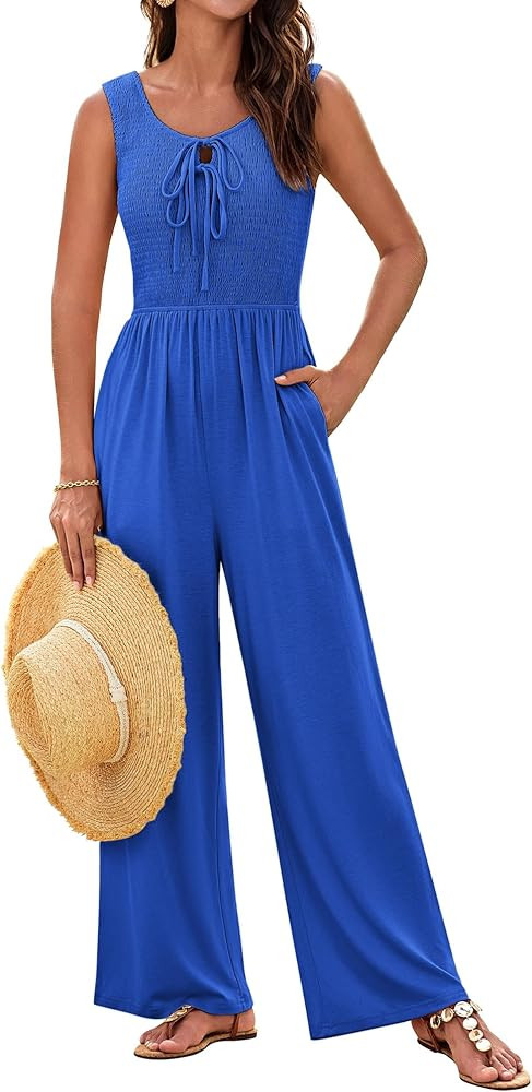GRACE KARIN Jumpsuits for Women Bow Tie Front Overalls Smocked Tops Wide Legs Casual Knitted Outf... | Amazon (US)