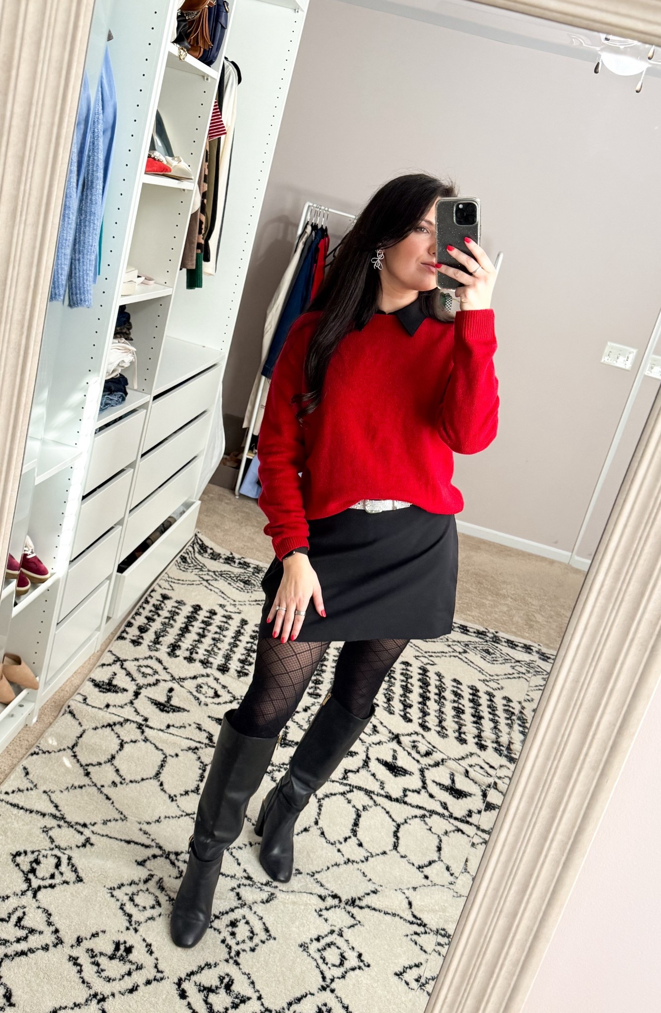 Holiday look - bodysuit with a collar layered under a red sweater, black skirt, knee high boots. Rhinestone belt to match the sparkle of my earrings 

#LTKHoliday #LTKootd #LTKFindsUnder100
