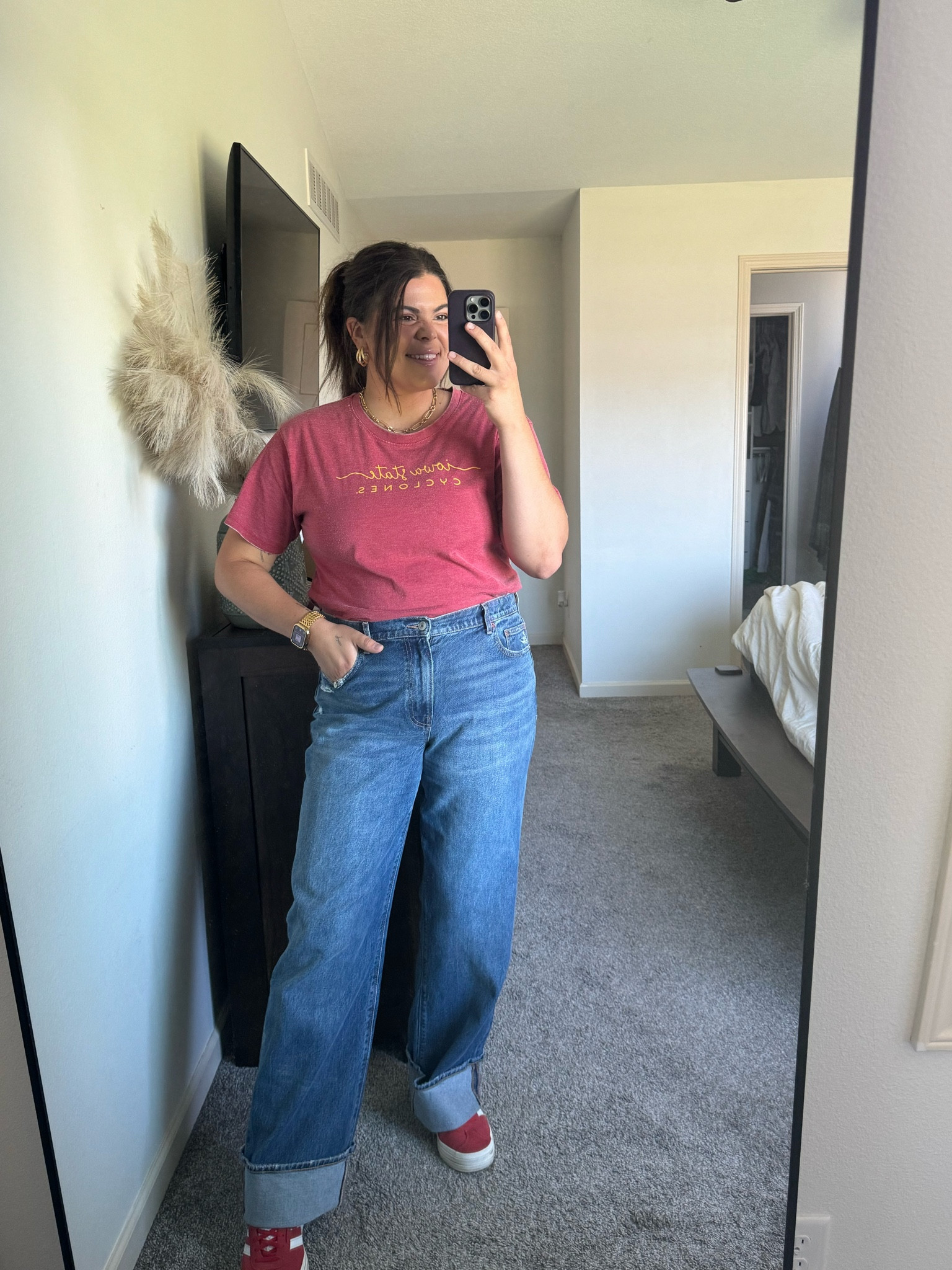 Football game day outfit, super casual tailgate outfit for the Iowa State versus Iowa Hawkeyes game today. Top is old but will link other game day tops, loving these wide leg cuffed jeans in size 14 from American Eagle  

#LTKStyleTip #LTKMidsize #LTKFindsUnder50