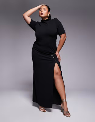 ASOS DESIGN Curve high neck maxi pencil dress with short sleeves and large gold button detail sli... | ASOS (Global)