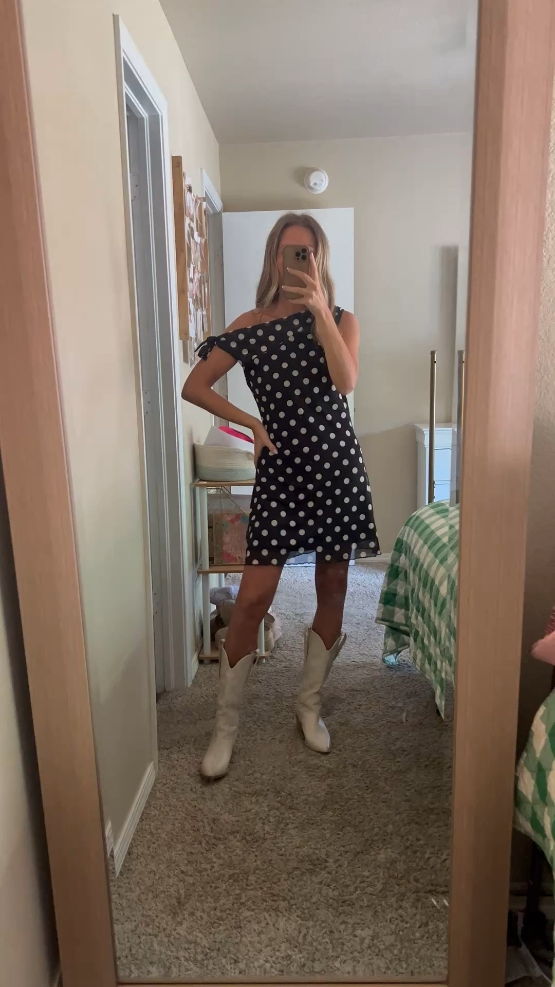 This off the shoulder polka dot dress is too cute! Runs small #polkadot #cowboyboot

#LTKootd #LTKgrwm