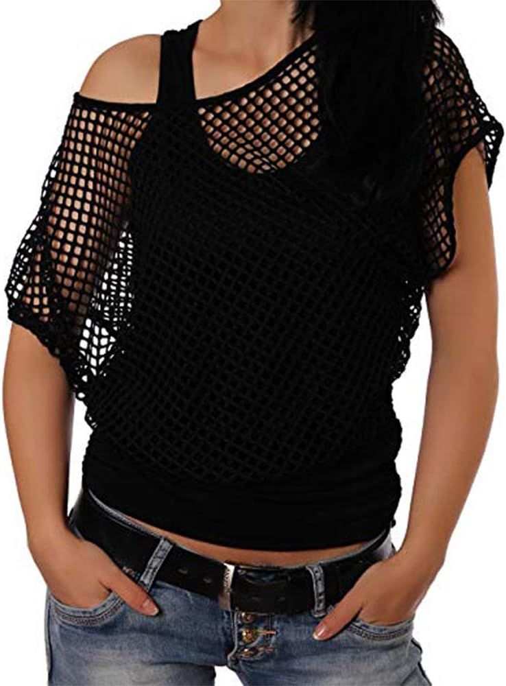 Smile Fish Women Casual Sexy 80s Costumes Fishnet Neon Off Shoulder T-Shirt | Amazon (US)