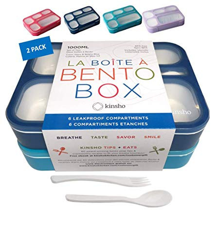 Bento-Box Lunch Boxes for Kids, Boys, Adults. Leakproof Lunch Set, Bentoboxes for School or Work. Portion Containers. BPA Free. 6 Compartments. Fork & Spoon. Blue & Navy Blue Large | Amazon (US)