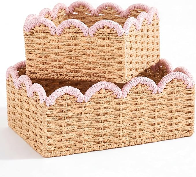 2 Pack Scalloped Wicker Baskets Hand-woven Basket, Pink | Amazon (US)