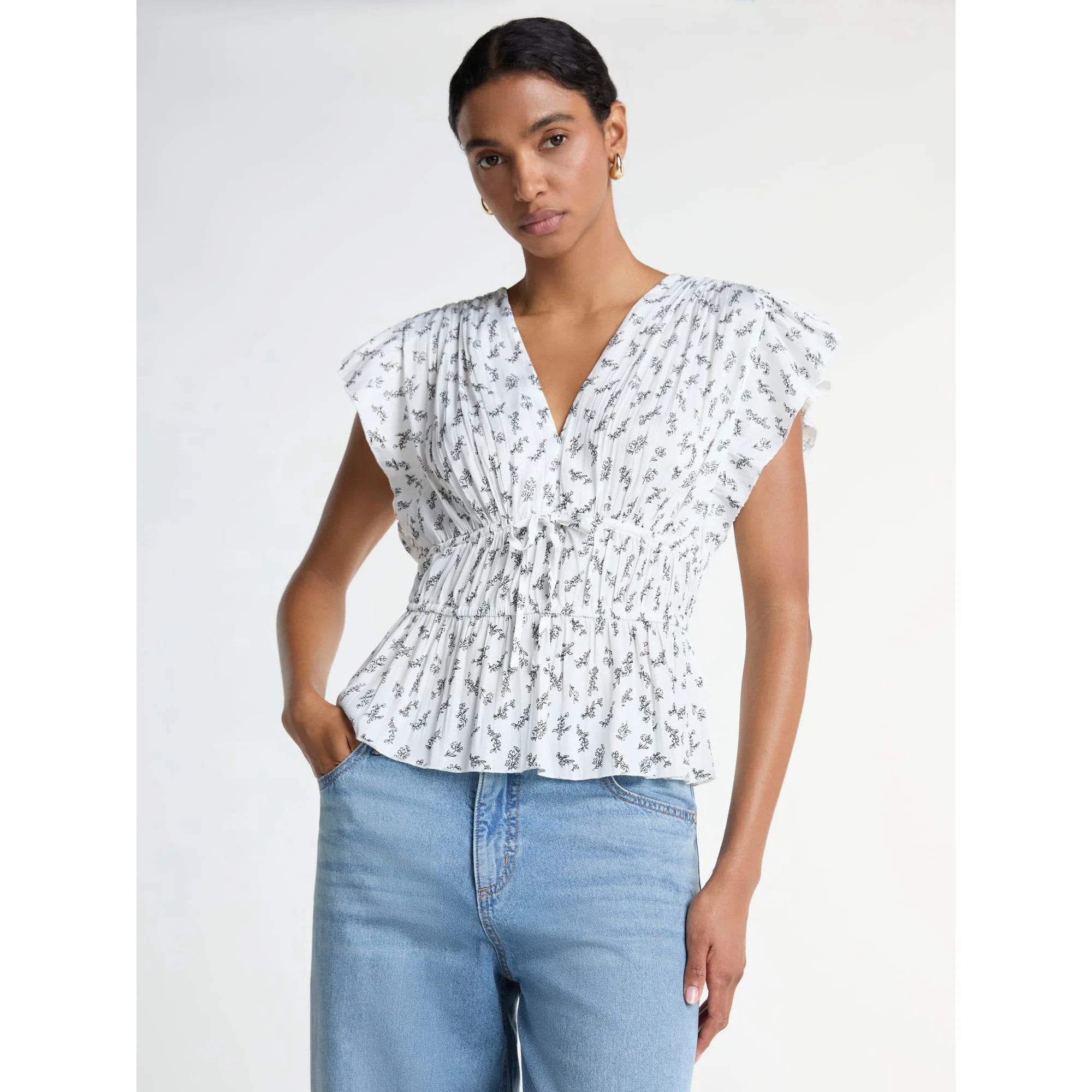 Scoop Women's V Neck Satin Top with Flutter Sleeves, Sizes XS-4X | Walmart (US)