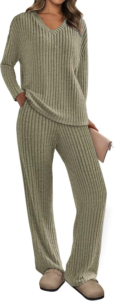 PRETTYGARDEN 2 Piece Sets for Women Fall 2025 Soft Comfy Lounge Long Sleeve Pajamas Set Knit Post... | Amazon (US)