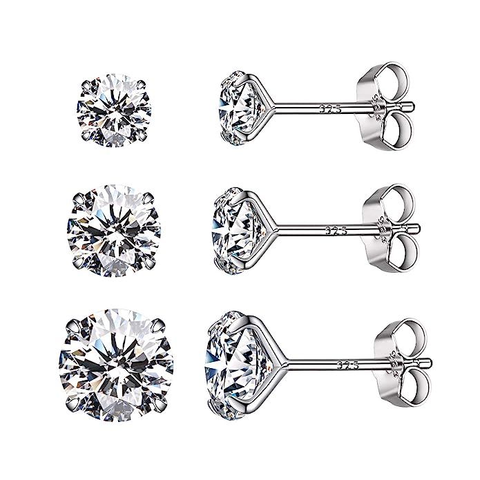 CZ Stud Earrings 925 Sterling Silver 18K Gold Plated Round Cubic Zirconia Hypoallergenic Set | Amazon (US)