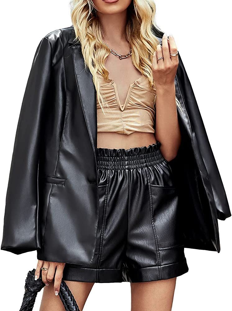 Bellivera Women Vegan Leather Blazer Coat Button Front Oversize Jacket | Amazon (US)