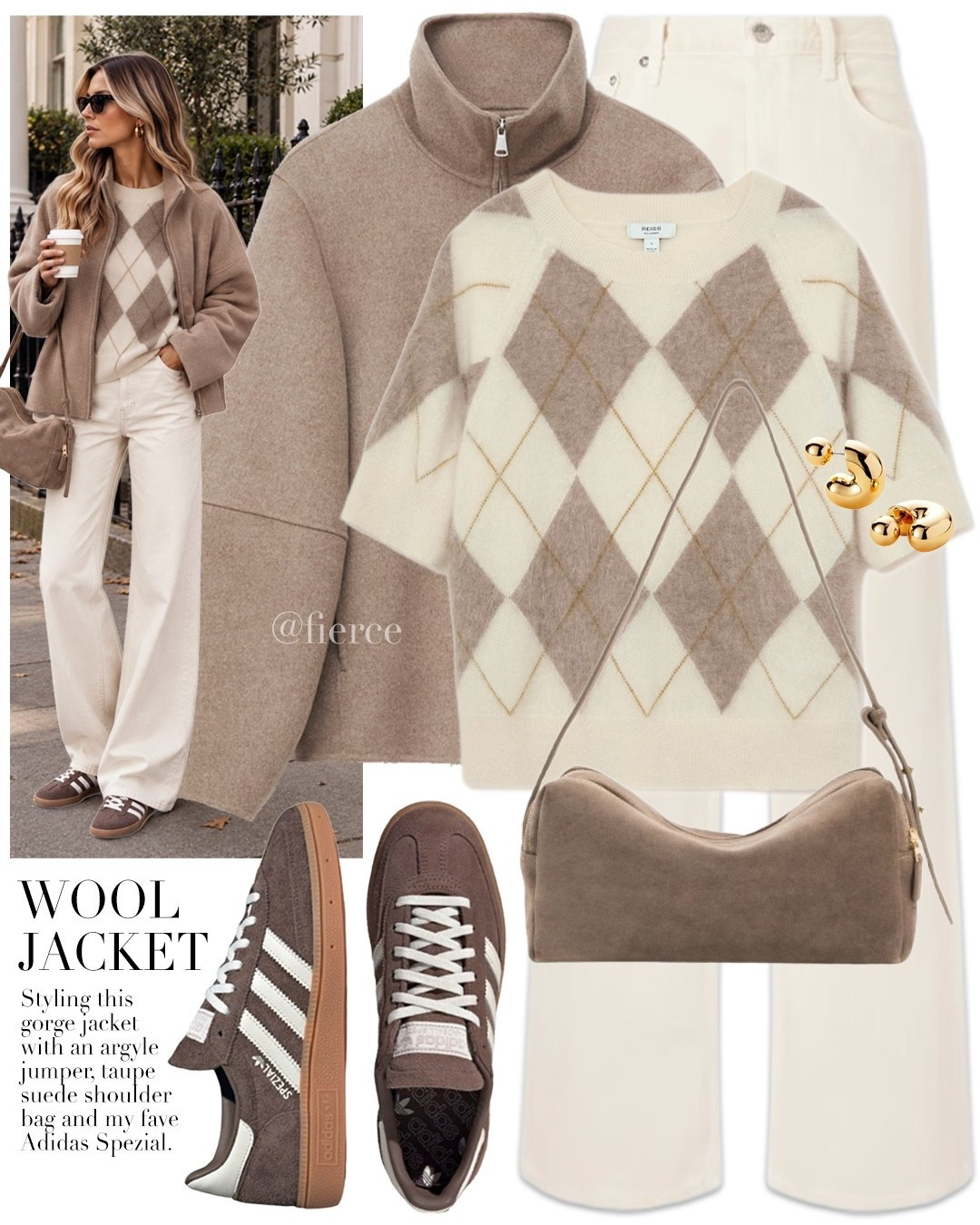Argyle sweater cream jeans taupe adidas spezial taupe suede bag taupe wool jacket high neck zipped jackets

#LTKuk #LTKautumn #LTKeurope
